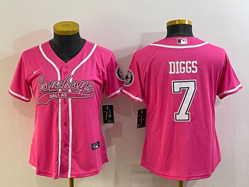 Women%27s Dallas Cowboys #7 Trevon Diggs Pink With Patch Cool Base Stitched Baseball Jersey